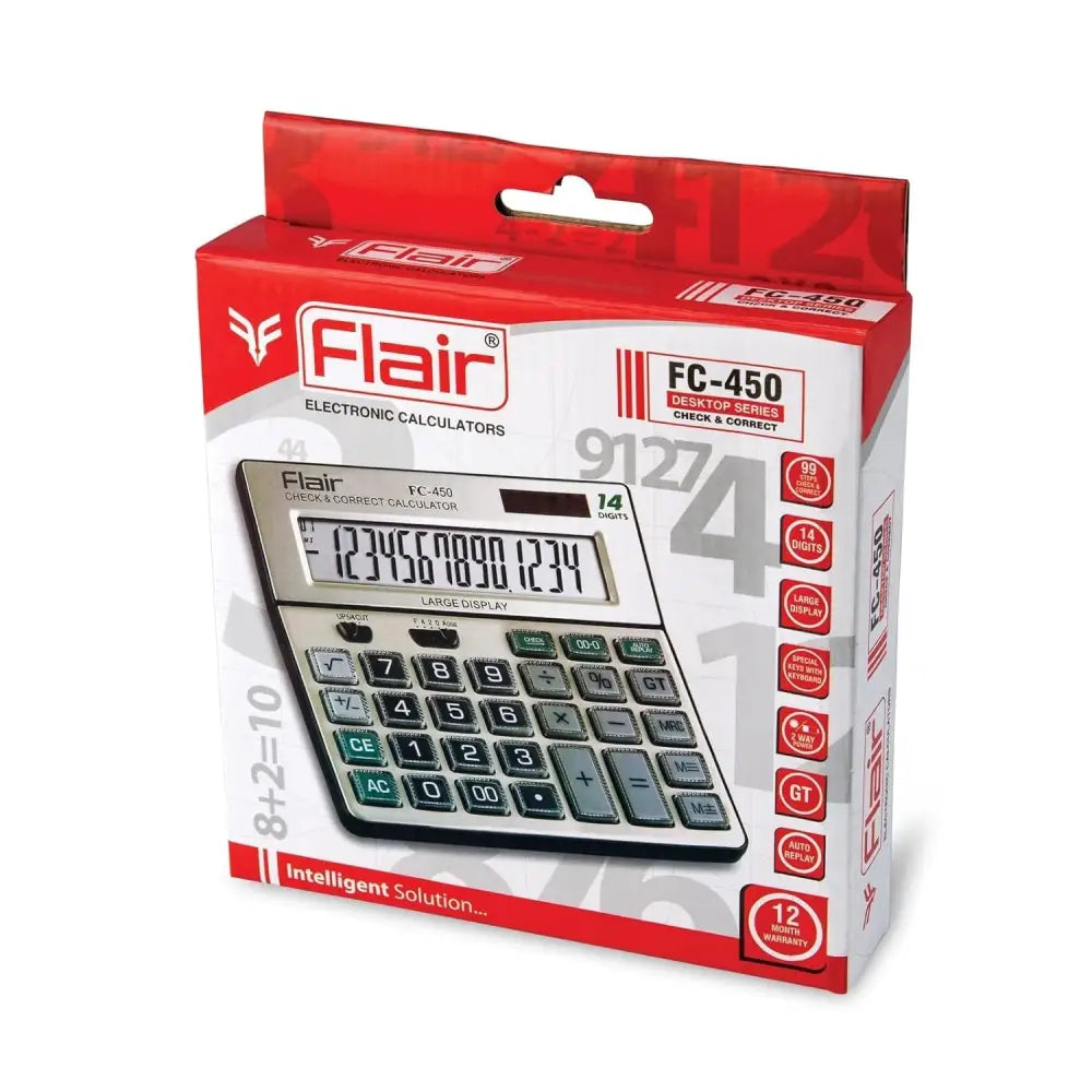 Flair FC-450 14 Digits Desktop Calculator packaged with a large display and practical design for professional use.