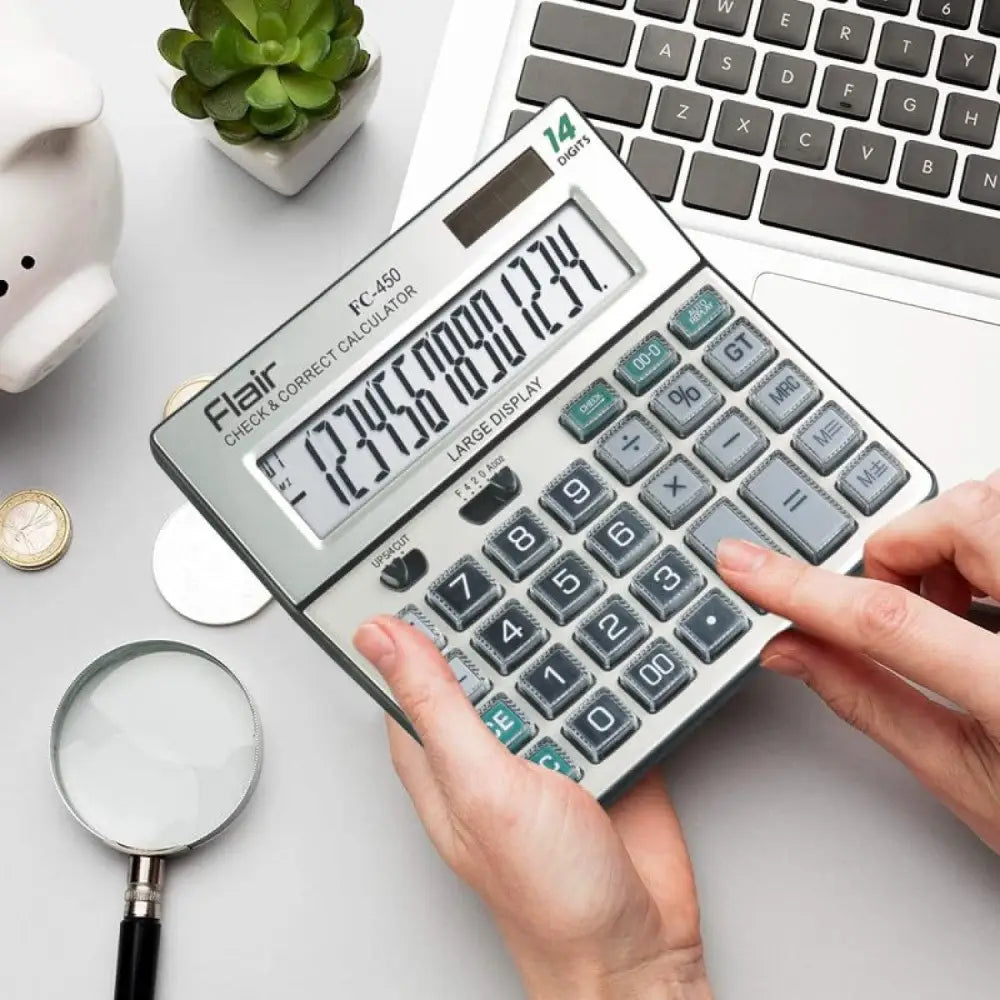 Flair FC-450 14 Digits Desktop Calculator with large display and metal cladding, ideal for professional use.