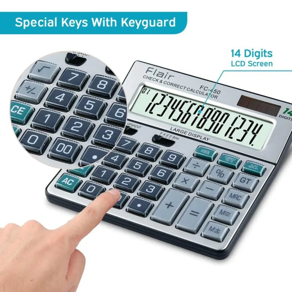 Flair FC-450 14 Digits Desktop Calculator with large LCD screen and special keys with keyguard.