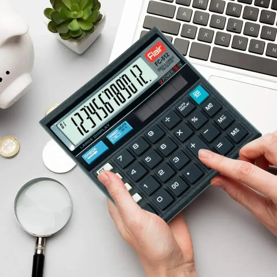 Flair FC-512 12 Digits Desktop Calculator in use, clear display and optimal key layout for everyday computations.