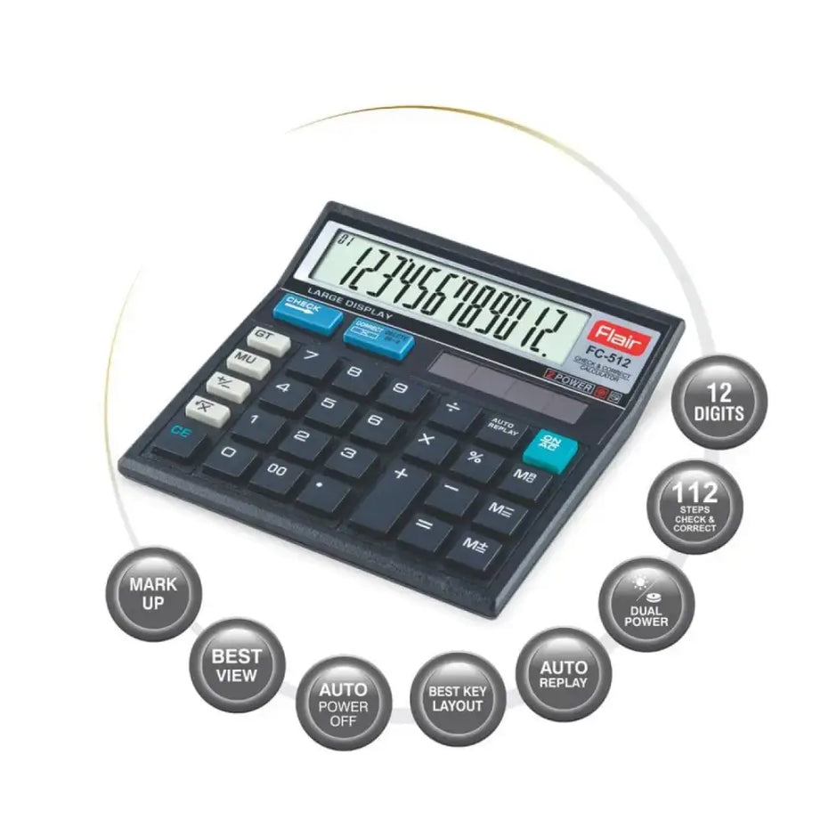 Flair FC-512 12 Digits Desktop Calculator with clear display and optimal key layout for reliable performance.