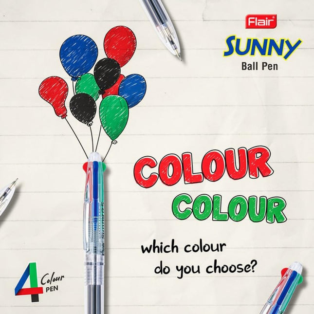 Flair Sunny 4 Colour Retractable Ball Pen with colorful balloons illustration and text about color choice.