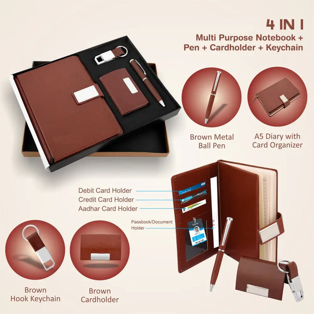 GifMor Premium 9033 Tan - A5 Diary Keychain Card Holder and Pen Gift Set - Gift Set