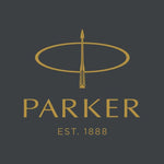 Gold-colored parker logo featuring an arrow piercing a circle, with the brand name and ’est.