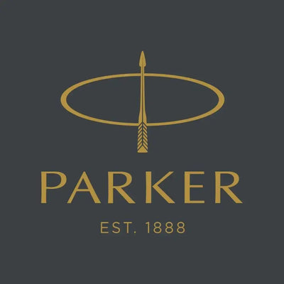 Gold-colored parker logo featuring an arrow piercing a circle, with the brand name and ’est.