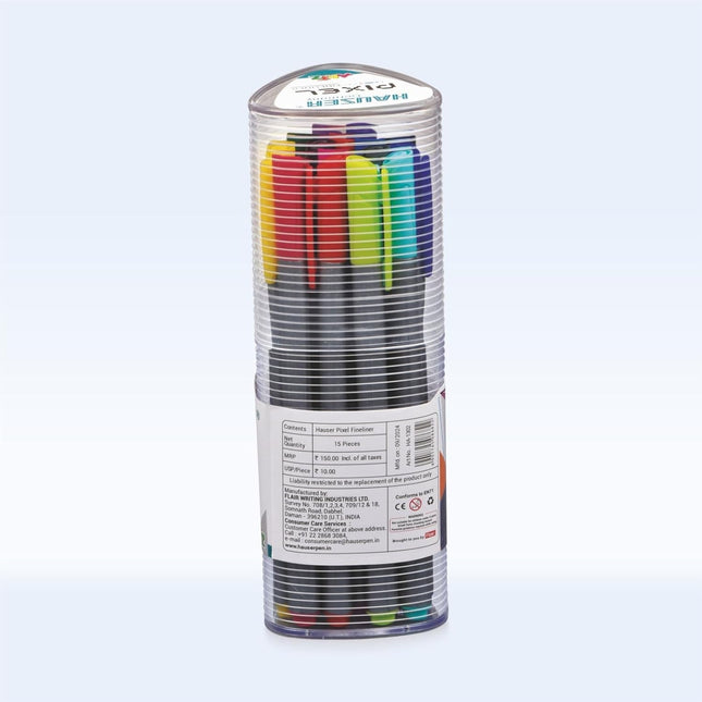 Hauser Artz Pixel Fineliner 15 Shades packaging showing vibrant pen colors and durable design features.
