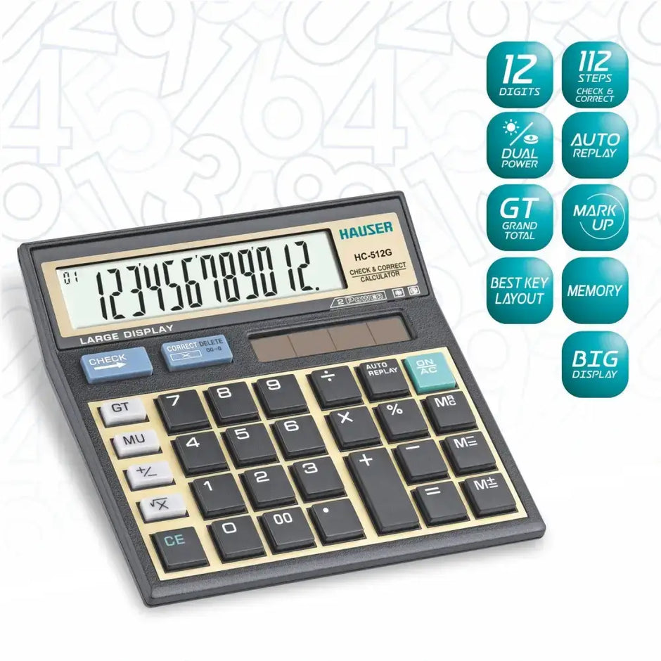 Hauser HC-512G 12 Digits Desktop Calculator with large display and optimized key layout for efficient operation.