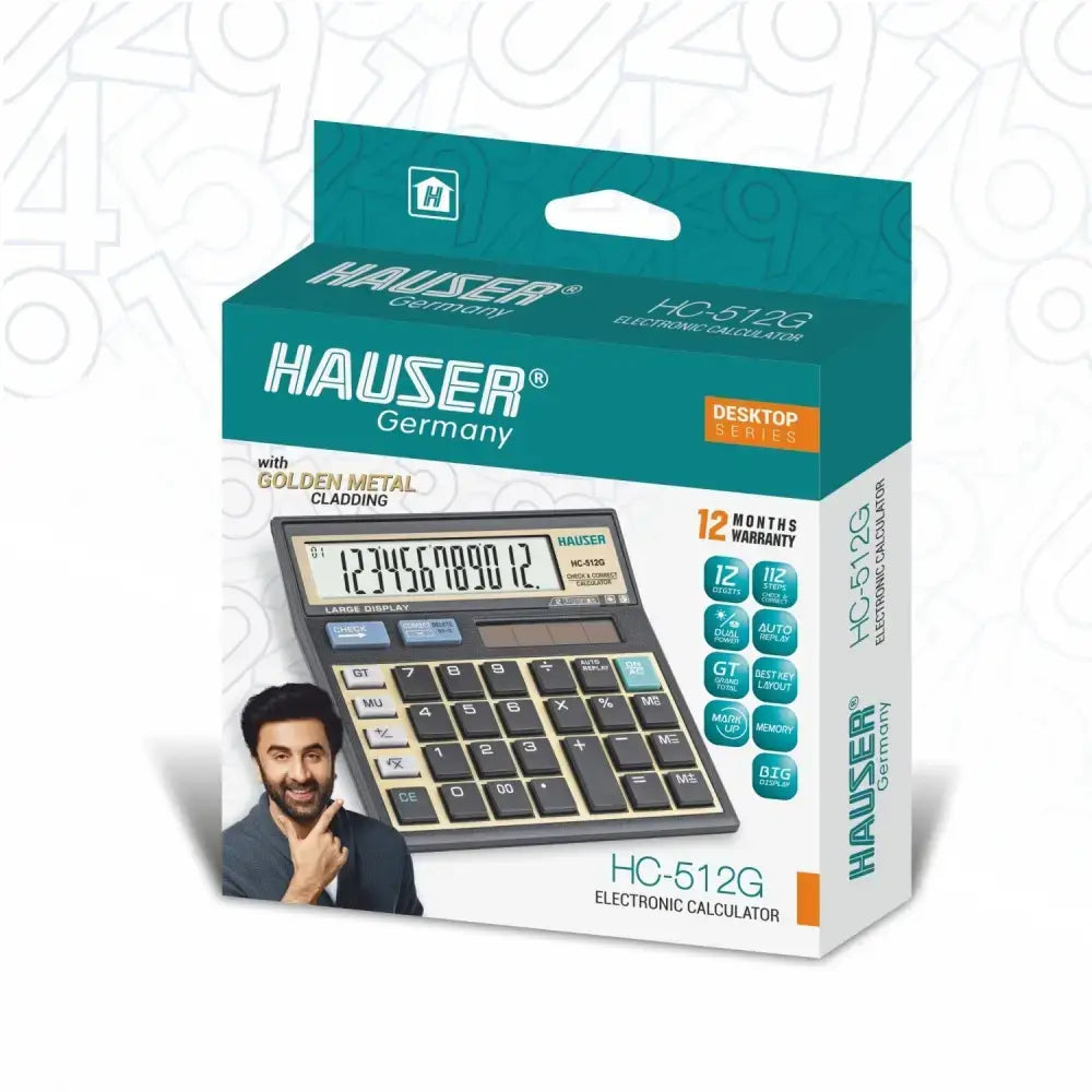 Hauser HC-512G 12 Digits Desktop Calculator packaging with golden metal cladding and easy-to-read display.