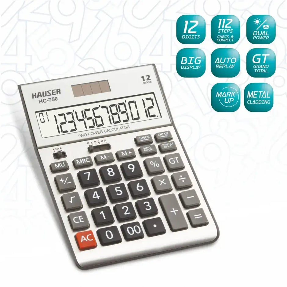 Hauser HC-750 12 Digits Desktop Calculator with 12-digit display and dual power system for professional calculations.