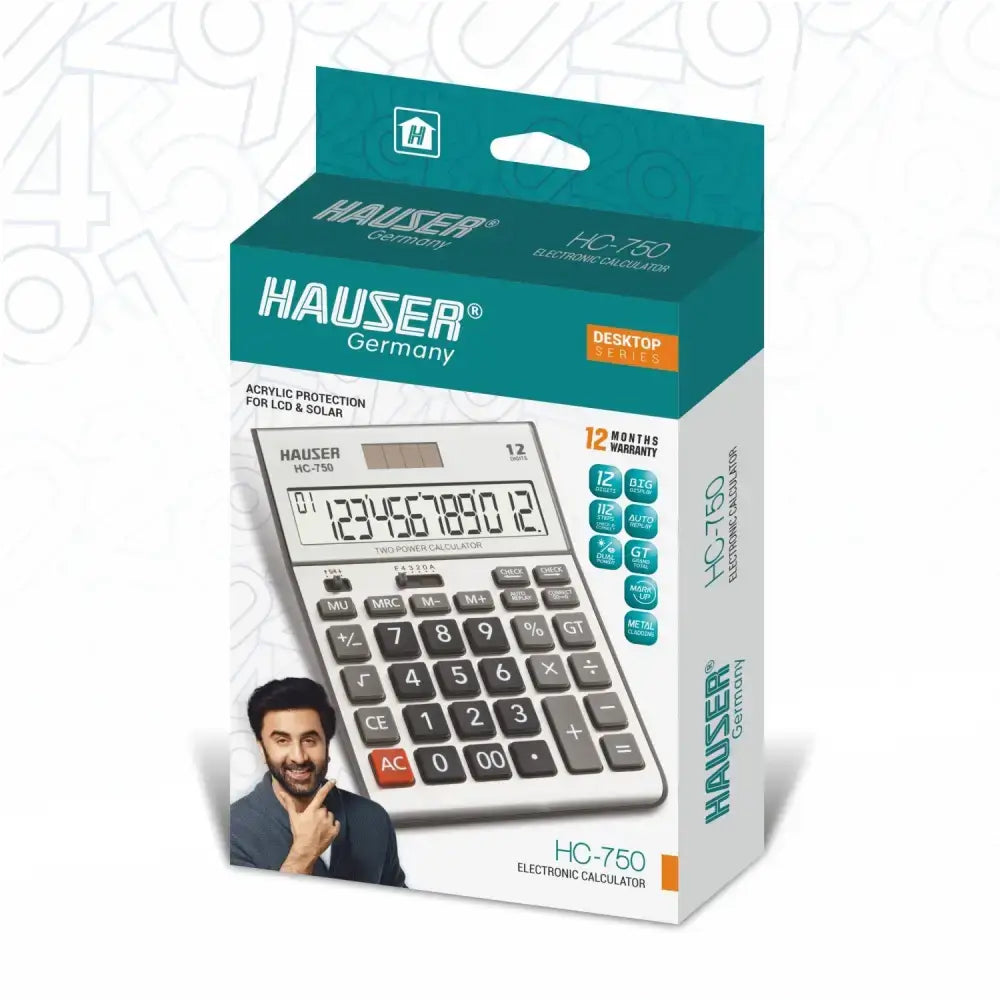 Hauser HC-750 12 Digits Desktop Calculator packaging with features and design details.
