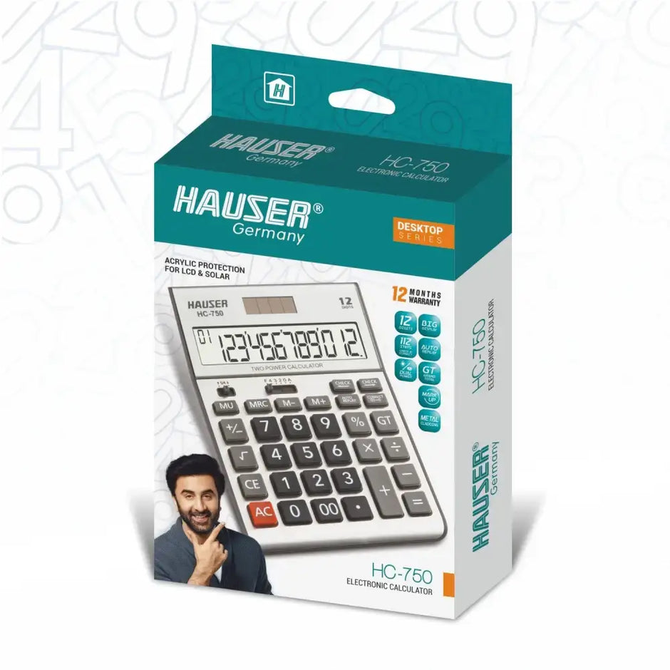Hauser HC-750 12 Digits Desktop Calculator packaging with features and design details.