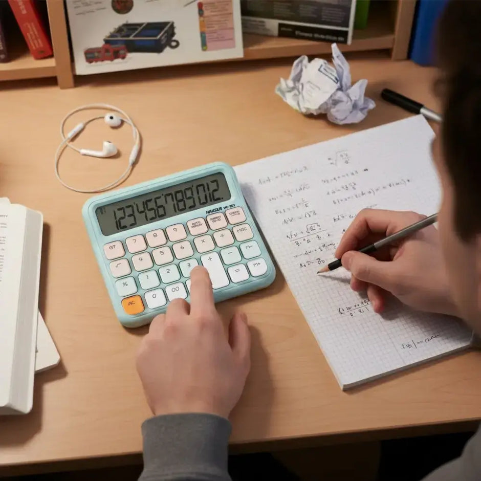 Hauser HC-801 12 Digits Desktop Calculator in use on a study desk with notes and earphones.