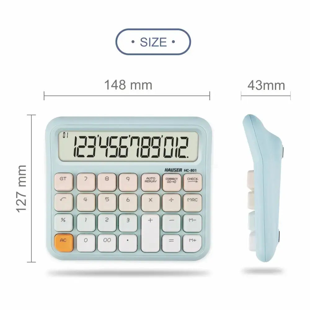 Hauser HC-801 12 Digits Desktop Calculator showing dimensions of 148 mm x 127 mm x 43 mm