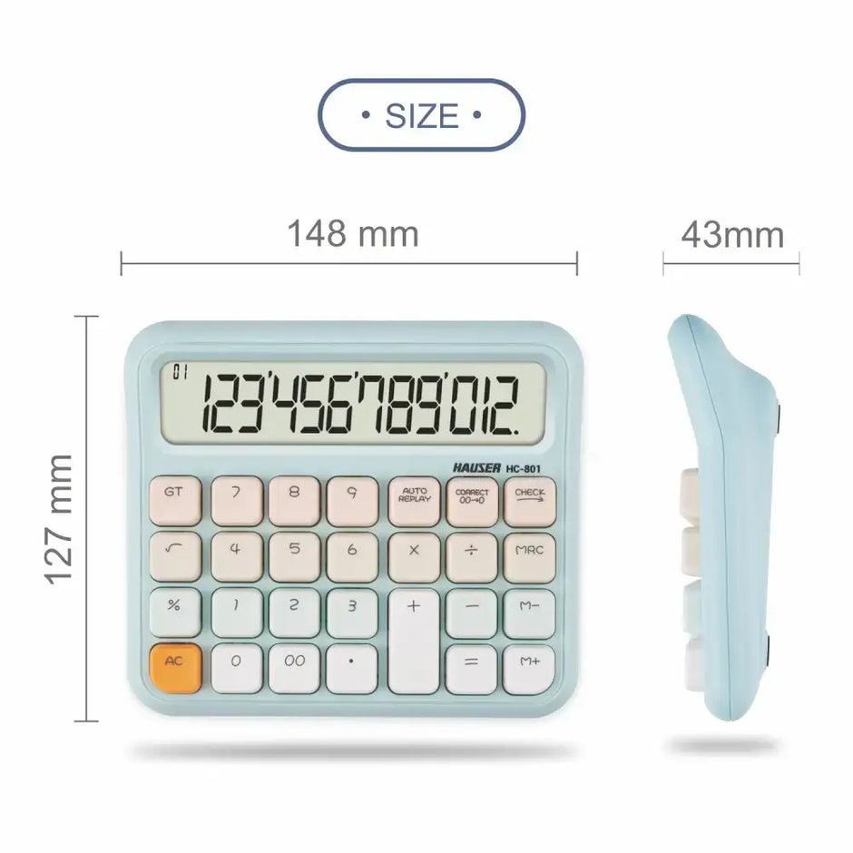 Hauser HC-801 12 Digits Desktop Calculator showing dimensions of 148 mm x 127 mm x 43 mm