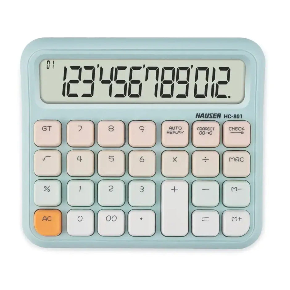 Hauser HC-801 12 Digits Desktop Calculator with large LCD display and ergonomic design.