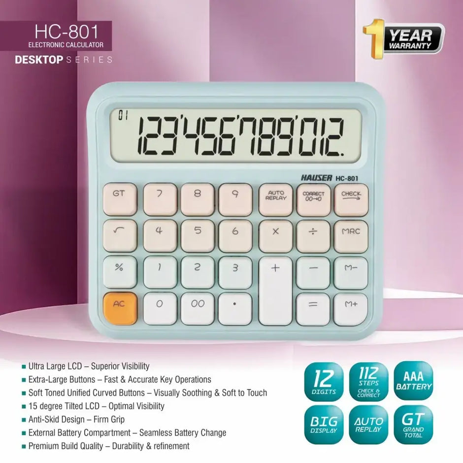 Hauser HC-801 12 Digits Desktop Calculator with ultra-large LCD and oversized buttons for easy readability and comfort.