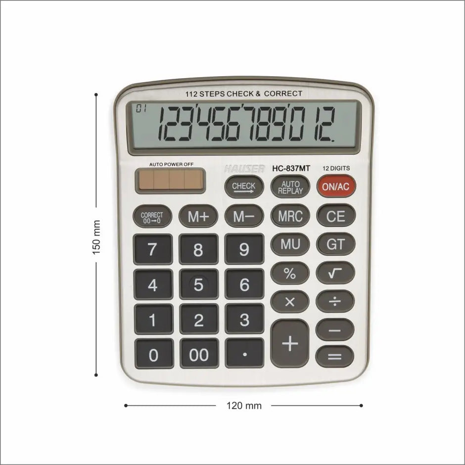 Hauser HC-837MT 12 Digits Desktop Calculator showing large display and soft-touch keypad.