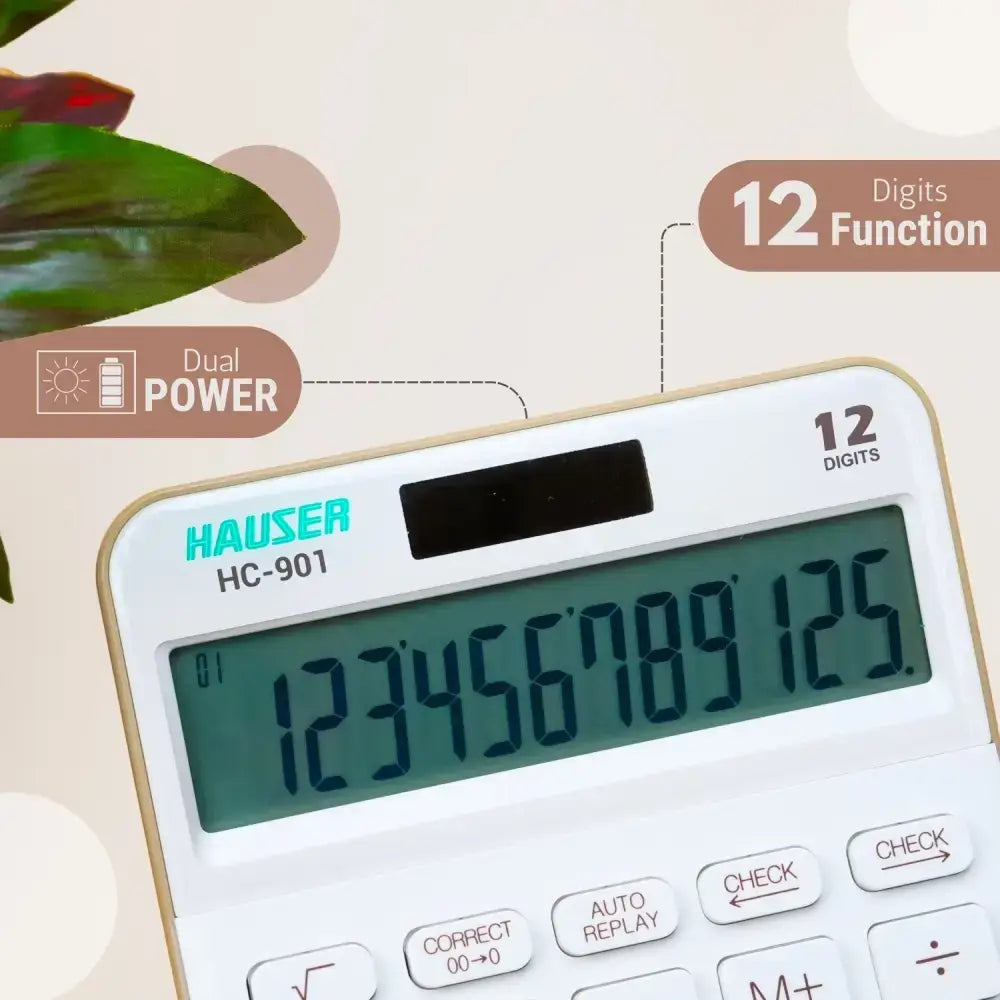 Hauser HC-901 12 Digits Desktop Calculator with 12-digit display and dual power feature.