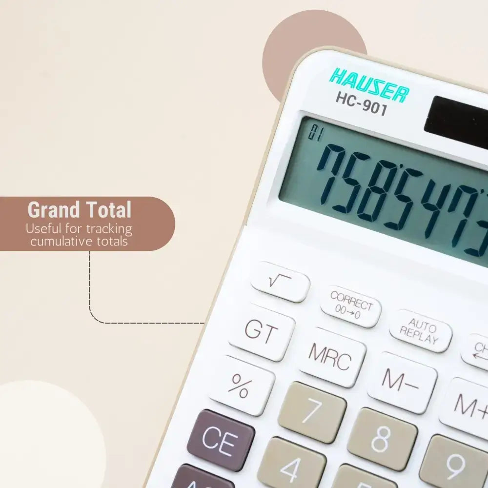 Hauser HC-901 12 Digits Desktop Calculator showing grand total feature for cumulative calculations.