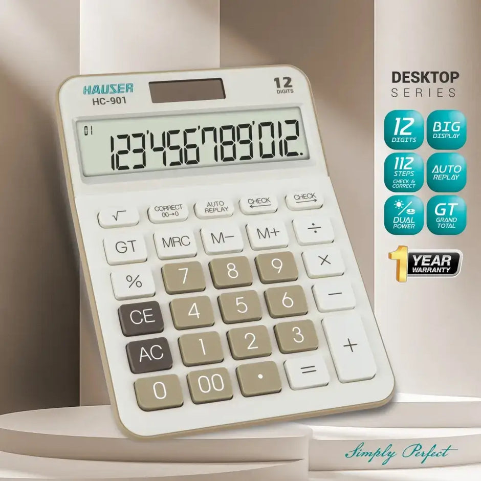 Hauser HC-901 12 Digits Desktop Calculator featuring a large display and 112-step check function.
