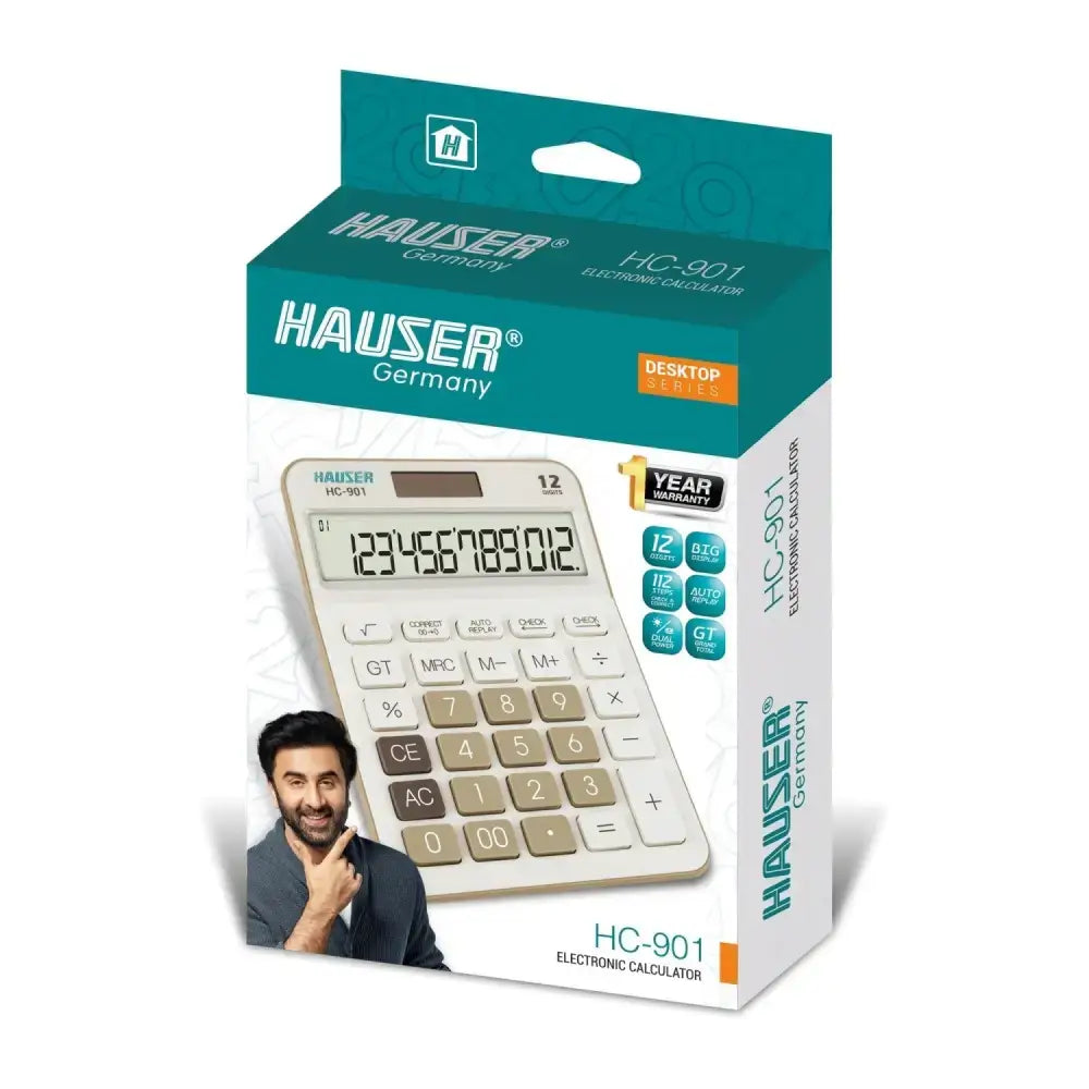 Hauser HC-901 12 Digits Desktop Calculator packaging showcasing its features and design.