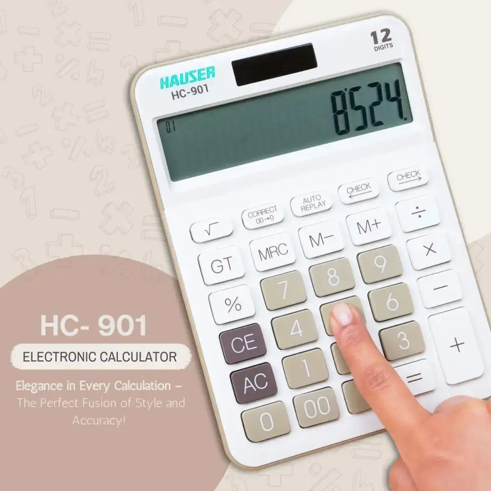 Hauser HC-901 12 Digits Desktop Calculator featuring a clear display and user-friendly design for accurate calculations.