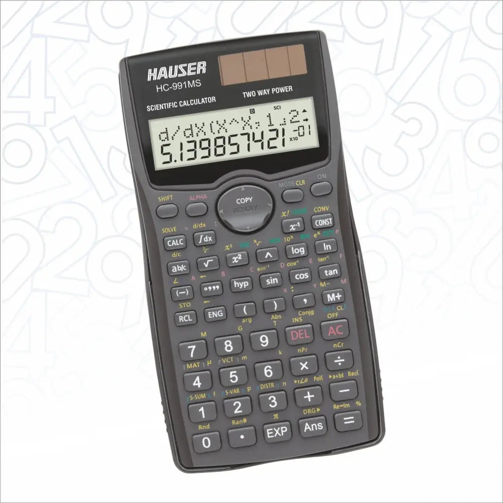 Hauser HC-991MS Scientific Calculator | 401 Functions and 2 Line Display on a white background with numbers