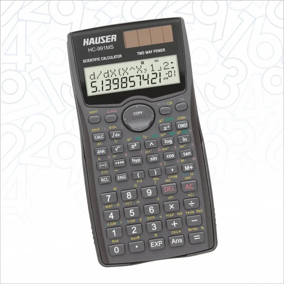 Hauser HC-991MS Scientific Calculator | 401 Functions and 2 Line Display on a white background with numbers
