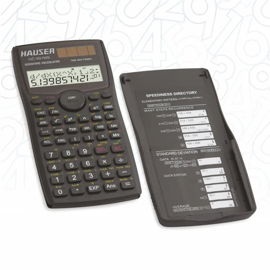 Hauser HC-991MS Scientific Calculator | 401 Functions and 2 Line Display with protective cover open and calculator display visible.