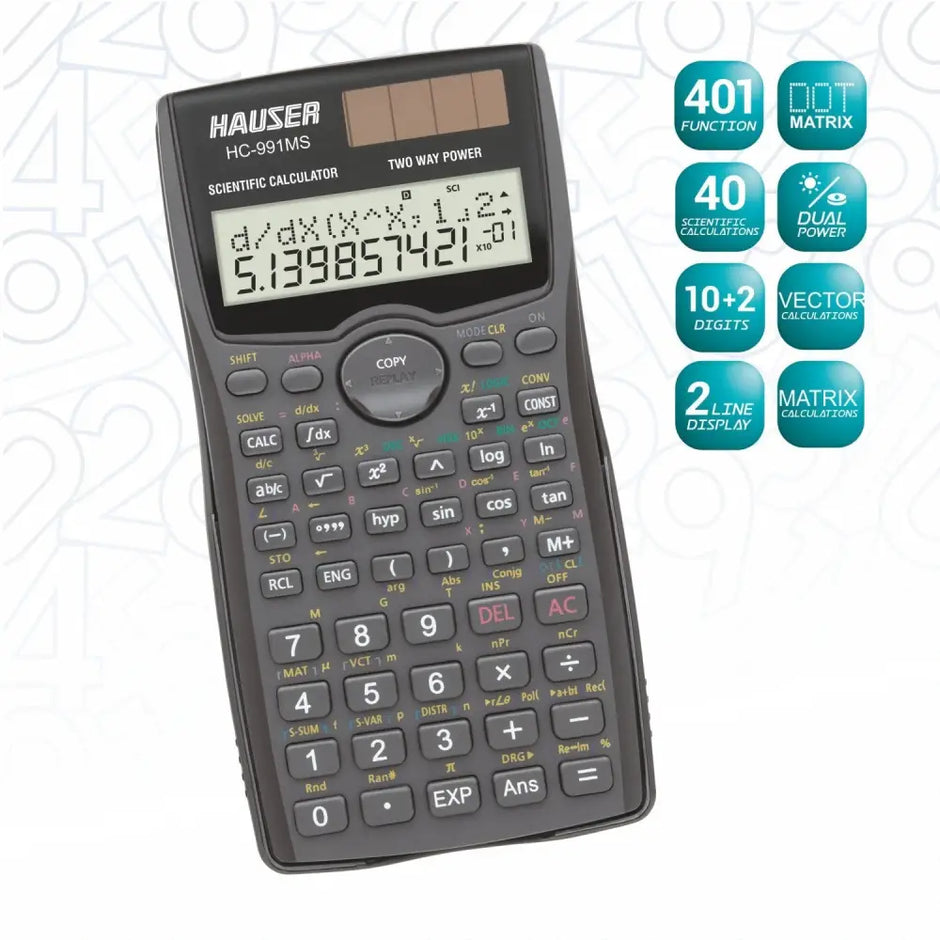 Hauser HC-991MS Scientific Calculator | 401 Functions and 2 Line Display with ergonomic design and advanced features.