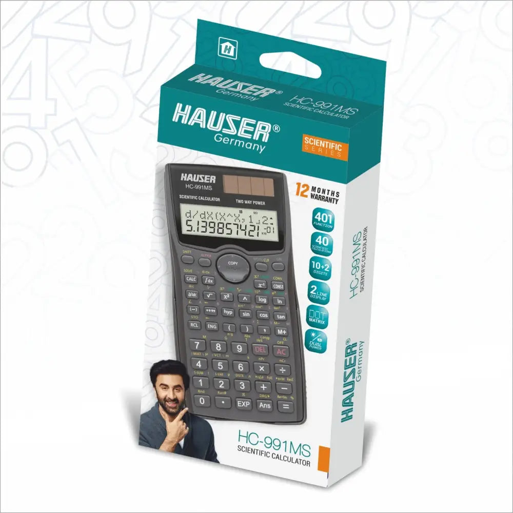 Hauser HC-991MS Scientific Calculator | 401 Functions and 2 Line Display packaging and design
