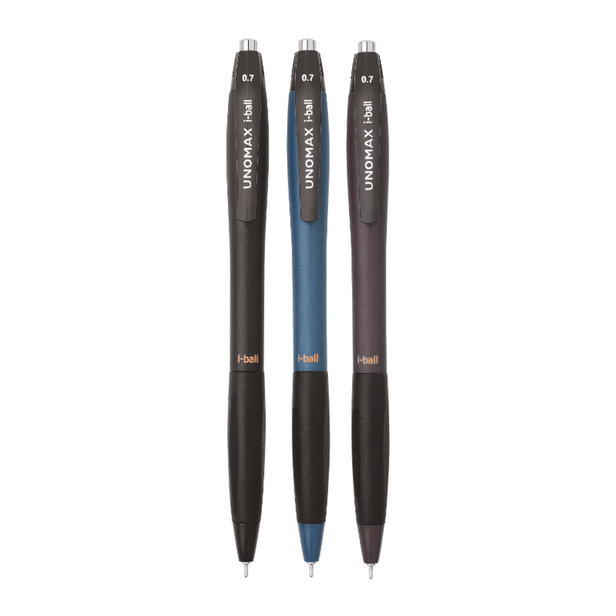 Unomax i-ball 2X RT Ball Pen | Ink Colour - Blue, Black and Red displayed in a group of three.