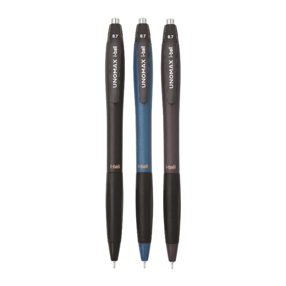 Unomax i-ball 2X RT Ball Pen | Ink Colour - Blue, Black and Red displayed in a group of three.