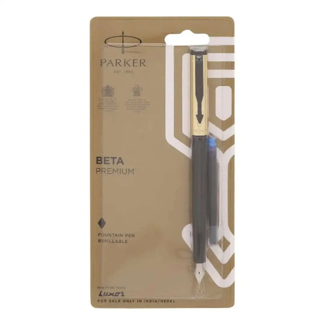 Parker Beta Premium Fountain Pen with Quink Cartridge | Coated Clip - Gold - Fountain Pen