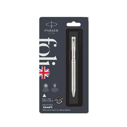 Parker Folio Ball Pen | Ink Colour - Blue - Stainless Steel / Chrome Trim - Ball Pens