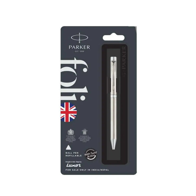 Parker Folio Ball Pen | Ink Colour - Blue - Stainless Steel / Chrome Trim - Ball Pens