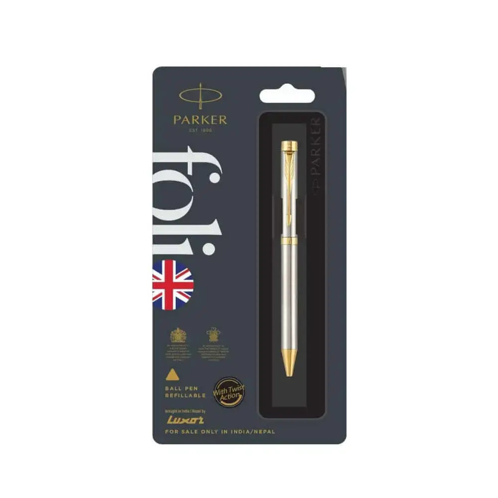 Parker Folio Ball Pen | Ink Colour - Blue - Stainless Steel / Gold Trim - Ball Pens