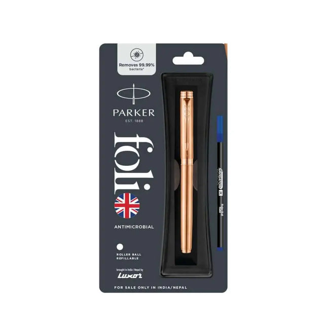 Parker Folio Roller Ball Pen | Ink Colour - Blue - Rose / Rose Gold Trim - Roller Ball Pens