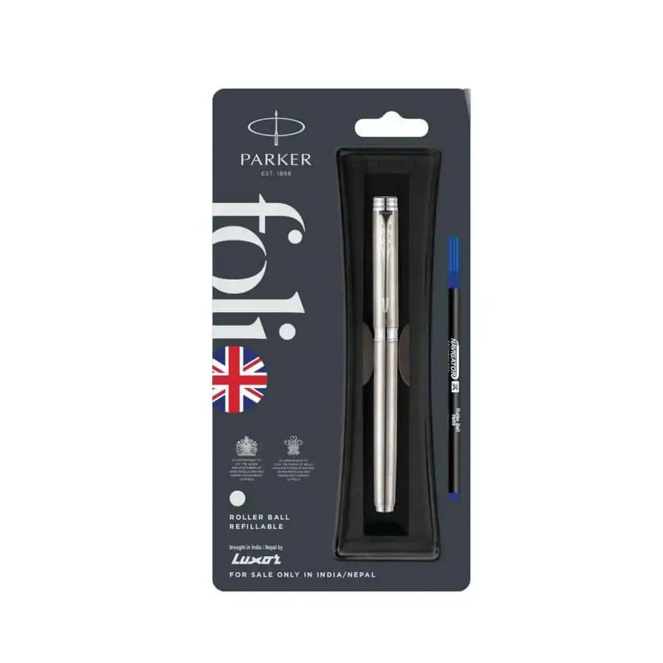 Parker Folio Roller Ball Pen | Ink Colour - Blue - Stainless Steel / Chrome Trim - Roller Ball Pens