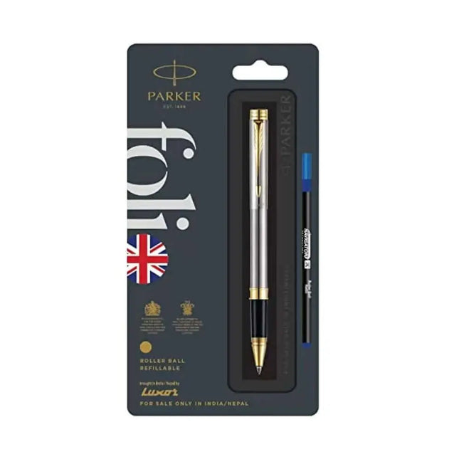 Parker Folio Roller Ball Pen | Ink Colour - Blue - Stainless Steel / Gold Trim - Roller Ball Pens