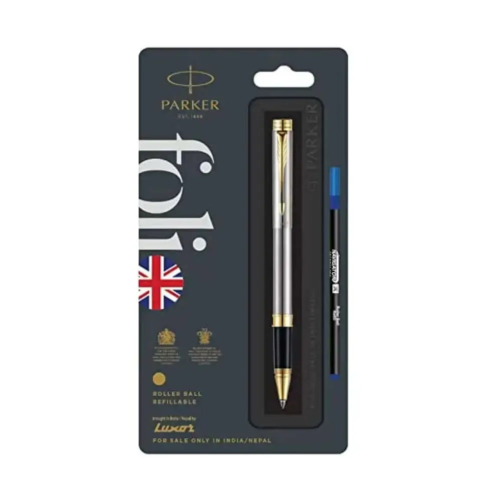 Parker Folio Roller Ball Pen | Ink Colour - Blue - Stainless Steel / Gold Trim - Roller Ball Pens