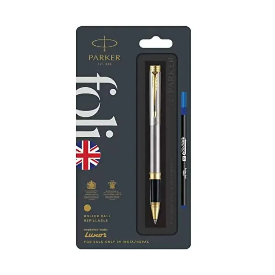 Parker Folio Roller Ball Pen | Ink Colour - Blue - Stainless Steel / Gold Trim - Roller Ball Pens