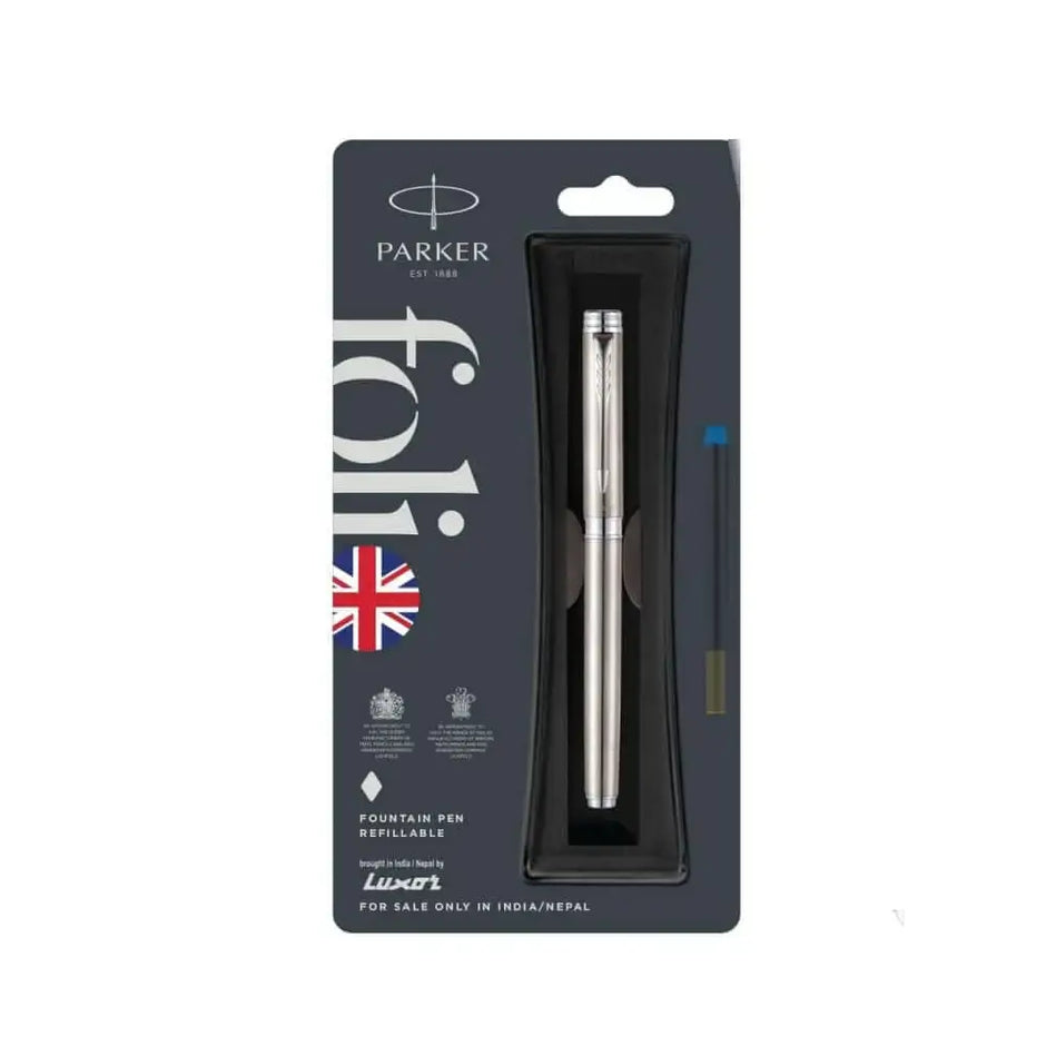 Parker Folio Stainless Steel Fountain Pen with Quink Converter - Chrome Trim - Fountain Pen