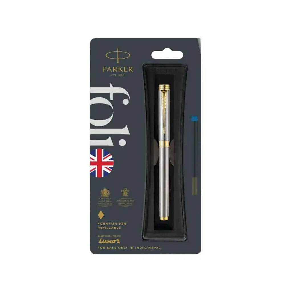 Parker Folio Stainless Steel Fountain Pen with Quink Converter - Gold Trim - Fountain Pen
