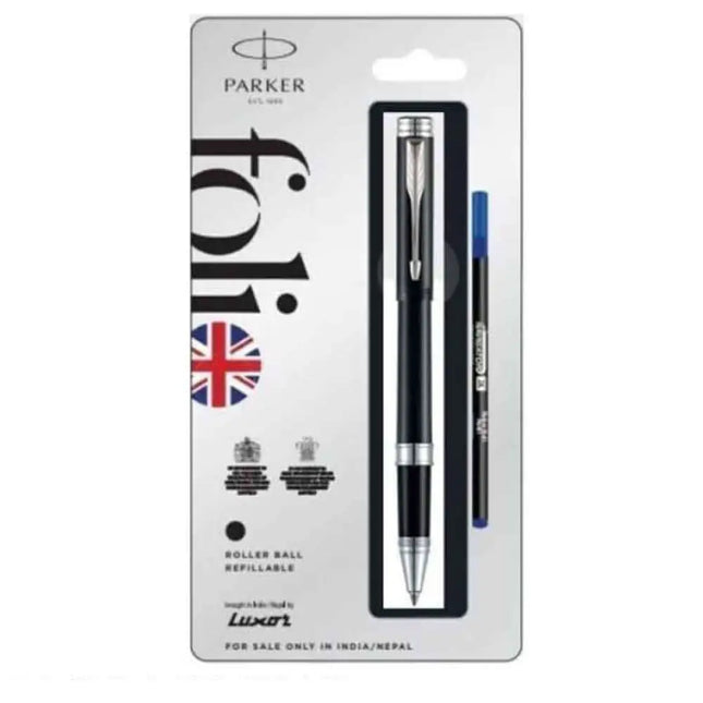 Parker Folio Standard Chrome Trim Roller Ball Pen | Ink Colour - Blue - Black - Roller Ball Pens