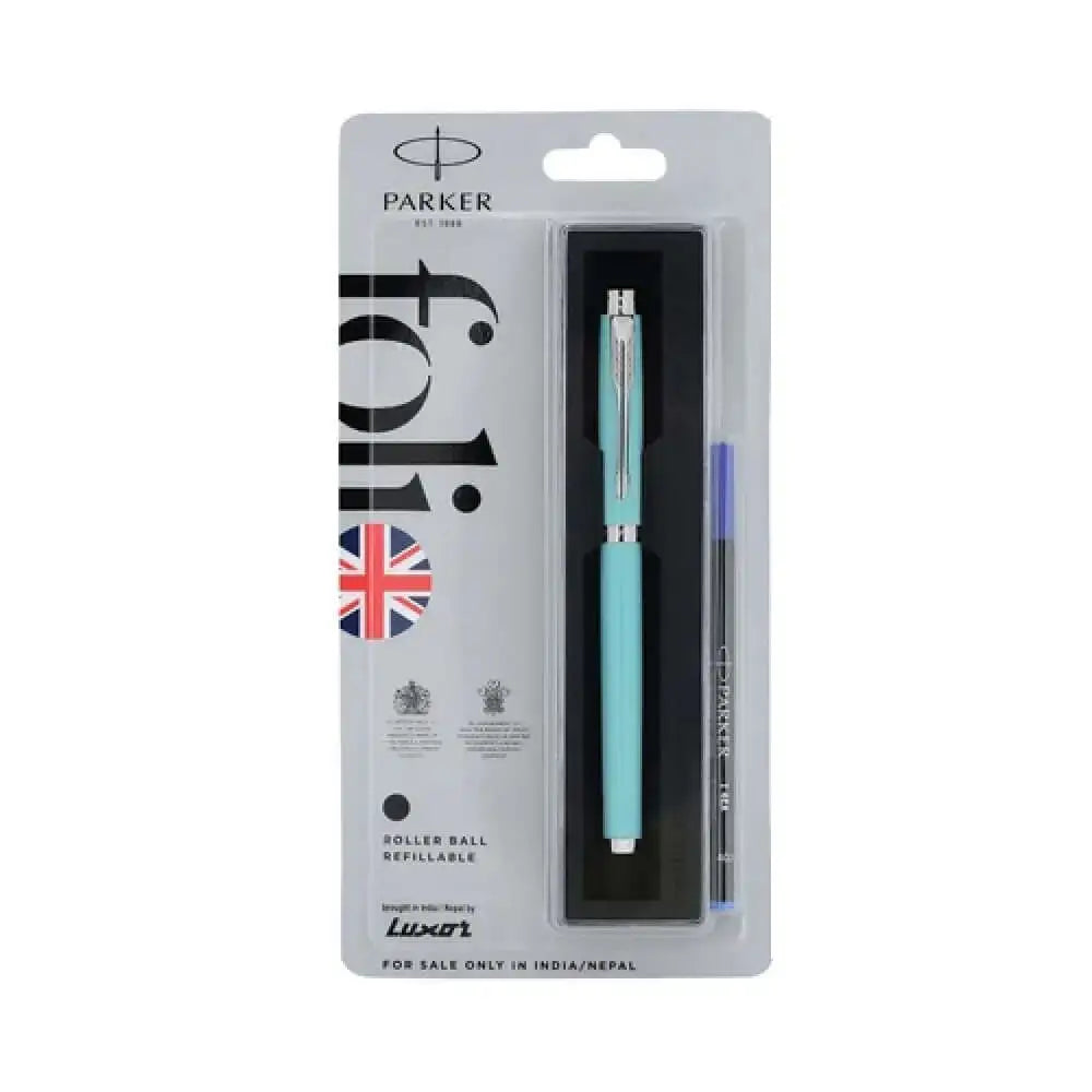 Parker Folio Standard Chrome Trim Roller Ball Pen | Ink Colour - Blue - Sea Green - Roller Ball Pens