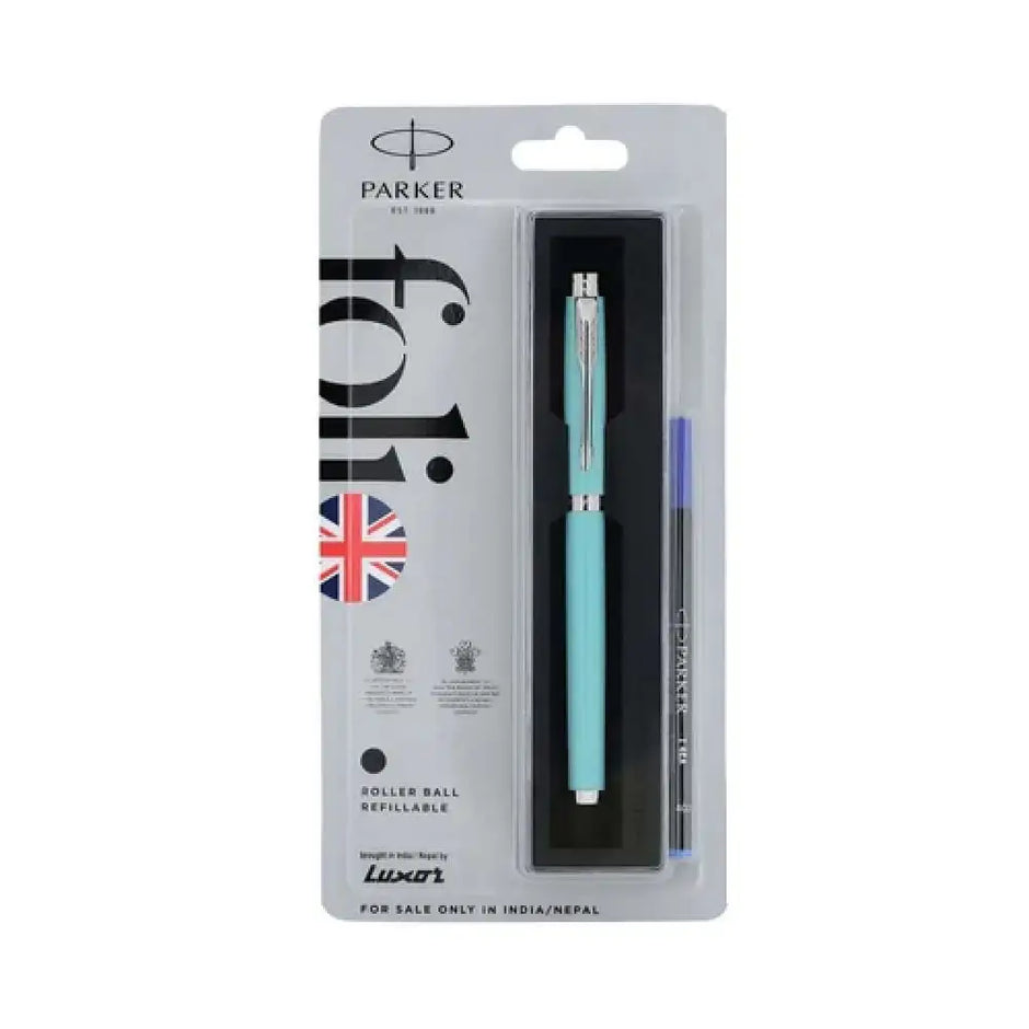 Parker Folio Standard Chrome Trim Roller Ball Pen | Ink Colour - Blue - Sea Green - Roller Ball Pens