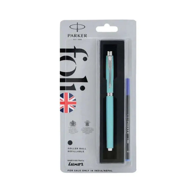 Parker Folio Standard Chrome Trim Roller Ball Pen | Ink Colour - Blue - Sea Green - Roller Ball Pens