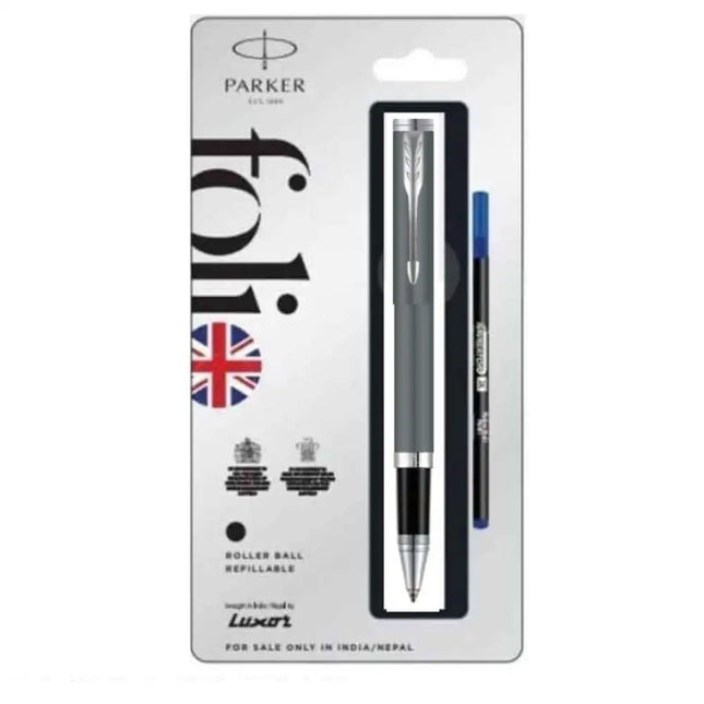 Parker Folio Standard Chrome Trim Roller Ball Pen | Ink Colour - Blue - Grey - Roller Ball Pens