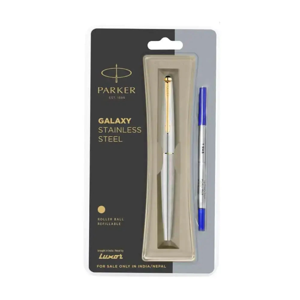 Parker Galaxy Gold Trim Roller Ball Pen | Ink Colour - Blue - Stainless Steel - Roller Ball Pens